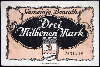 Benrath 1923 3 Million Mark Inflation Notgeld German Banknote