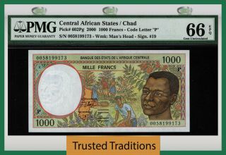 Tt Pk 602pg 2000 Central African States / Chad 1000 Francs Pmg 66 Epq Gem Unc