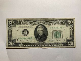 1950 $20 Bill Twenty Dollar Federal Reserve Note B Note Frb Of York Old