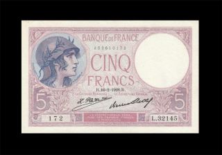 10.  2.  1928 Banque De France 5 Francs " Rare " Consecutive 1 Of 2 ( (gem Unc))