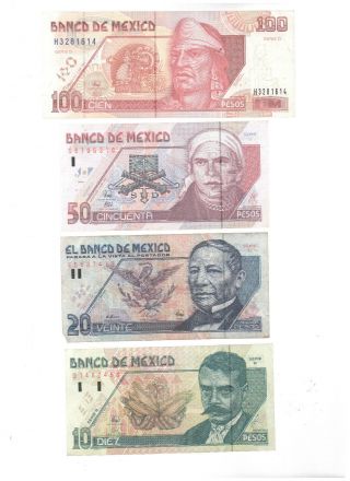 Banco De Mexico Pesos 1992 & 1994 - 100,  50,  20 & 10 Pesos Paper Money