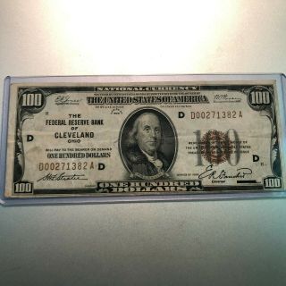 1929 Brown Seal Us $100 Federal Reserve Bank Of Cleveland,  Ohio Note Crisp