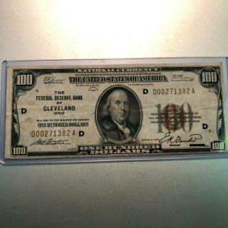 1929 Brown Seal US $100 Federal Reserve Bank of Cleveland,  Ohio Note Crisp 3