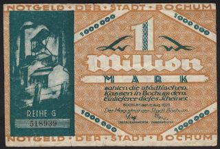 1923 1 Million Mark Bochum Germany Old Vintage Emergency Money Banknote F