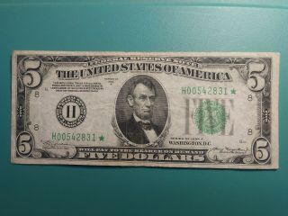 1934 A $5.  00 Five Dollar Small Size Federal Reserve Star Note.  Vf,