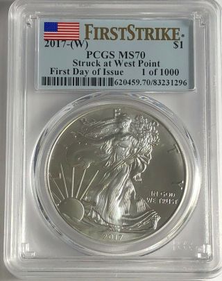 2017 (w) Silver Eagle Pcgs Ms70 First Day Issue Flag 1 Of 1000 Struck West Point