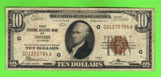 $10 1929 National Chicago Il Brown Usa Federal Reserve Bank Note Currency Bill
