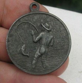 Vintage Good Luck " Man Catching A Fish " Token Medal Fishing