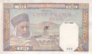 Banque De Algeria 100 Francs 1940 P - 85 Vf Vichy Government