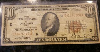 1929 10 Dollar Us Bill Brown Seal Federal Reserve Bank Of Cleveland Ohio