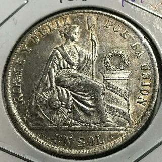 1872 Yj Peru Silver Un Sol Crown Coin