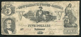 T - 37 1861 $5 Five Dollars Csa Confederate States Of America Currency Note (d)