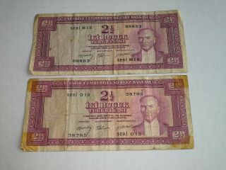 Turkey 2 1/2 Lira,  L.  1930,  (1952 - 60),  Seri M18 & Seri O19,  2 Notes