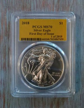 2018 Ms70 Pcgs Gold Foil American Silver Eagle First Day Of Issue 1 Of 2018