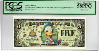 Usa - 5 Dollars 2005 - Disney - 50th Anniversary - Donald - Pcgs 58 Ppq Bar Code