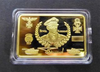 Erwin Rommel - The Desert Fox Of Ww2 - 1 Oz 24k 0.  999 Gold Layered Bar