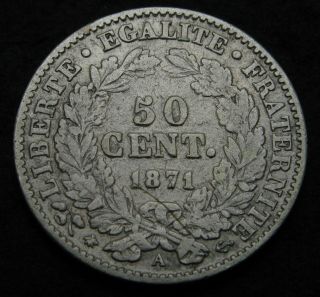 France 50 Centimes 1871 A - Silver - F/vf - 1706