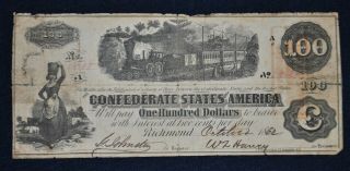 1862 Confederate States Of America $100 One Hunded Dollar Note 58485