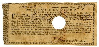 Connecticut State Treasury Office 1781 Note For Loan Payable In Gold/silver F - Vf