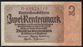 1937 2 Rentenmark Germany Vintage Nazi Old Money Banknote 3rd Reich Currency Xf