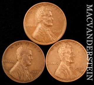 Group Of Three Lincoln Wheat Cents - 1927 ; 1927 - D ; 1927 - S - Scarce Nr253