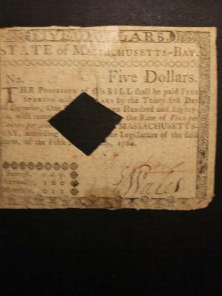 1780 Massachusetts $5 Dollar Colonial Note,  Diamond Cancellation - Solid Rarity