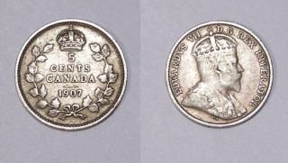1907 Canada Sterling Silver 5 Cents Attractive Vf,  Inv 374 - 23