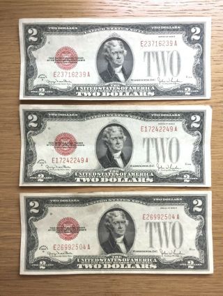 Three 1928 - G Red Seal $2 Two - Dollar Bills - United States Notes