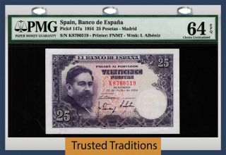 Tt Pk 147a 1954 Spain Banco De Espana 25 Pesetas " Isaac Albeniz " Pmg 64 Epq