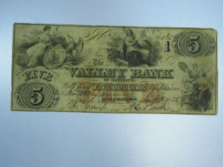 1855 $5 The Valley Bank Of Maryland Obsolete Currency Cu035/re
