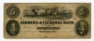 1856 $5 The Farmers & Exchange Bank - South Carolina Note W/ Slaves