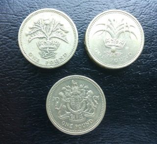 Great Britain £1 Pound 1983 1984 1985 Scottish Thistle - Welsh Leak 3 Coins
