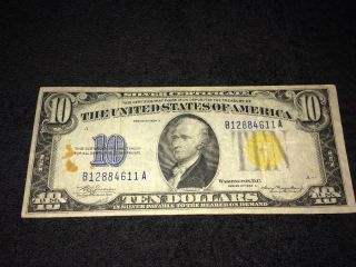 Series 1934 A $10 " North Africa " Wwii Yellow Seal Silver Certificate Note