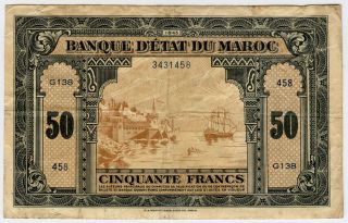 Morocco 1943 Issue 50 Francs Large Banknote Crisp Vf.