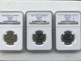 2004 - D Wisconsin Three Coin Error Variety Leaf Quarter Set,  Ngc Ms64/65