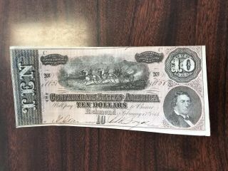 1864 $10 Dollar Bill Confederate States Currency Civil War Note
