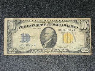 1934 A Series $10 Dollar Bill Federal Note Silver Certificate Yellow Seal