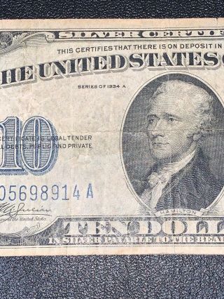 1934 A Series $10 Dollar Bill Federal Note Silver Certificate Yellow Seal 3