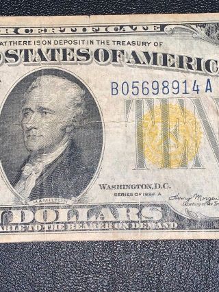 1934 A Series $10 Dollar Bill Federal Note Silver Certificate Yellow Seal 4