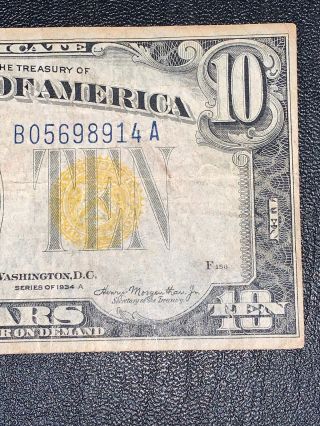 1934 A Series $10 Dollar Bill Federal Note Silver Certificate Yellow Seal 5