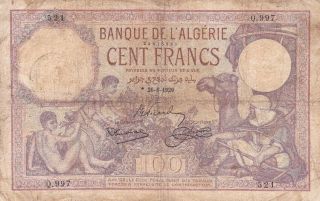 Banque De Algeria 100 Francs 1929 P - 81 Vg Penalva & Moyse
