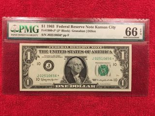 Fr 1900 - J 1963 1 Dollar Federal Reserve Note (kansas City) Pmg 66epq