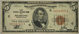 Fr.  1850 C Series Of 1929 $5 Federal Reserve Bank Of Philadelphia Pennsylvania