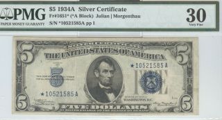 Series 1934a 5 Silver Certificate Star Note,  Pmg Vf30