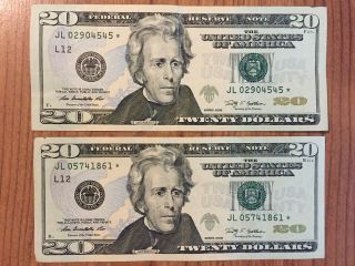 2009 Two (2) $20 Twenty Dollar Star Notes – Jl Serial Nos.  – Circulated