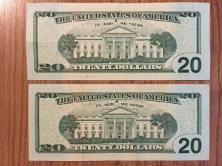 2009 Two (2) $20 Twenty Dollar Star Notes – JL Serial Nos.  – Circulated 2