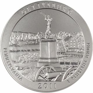 2011 - P Us America The Five Ounce Silver Uncirculated Coin - Gettysburg