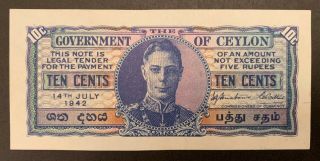 Ceylon 10 C 1942 Banknote Gem Unc Very Rare