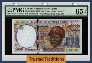 Tt Pk 104cf 2000 Central African States 5000 Francs Pmg 65 Epq Gem Uncirculated