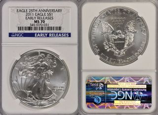 2011 Ngc Ms70 Early Releases 25th Anniv 1oz.  999 Fine Silver American Eagle Coin